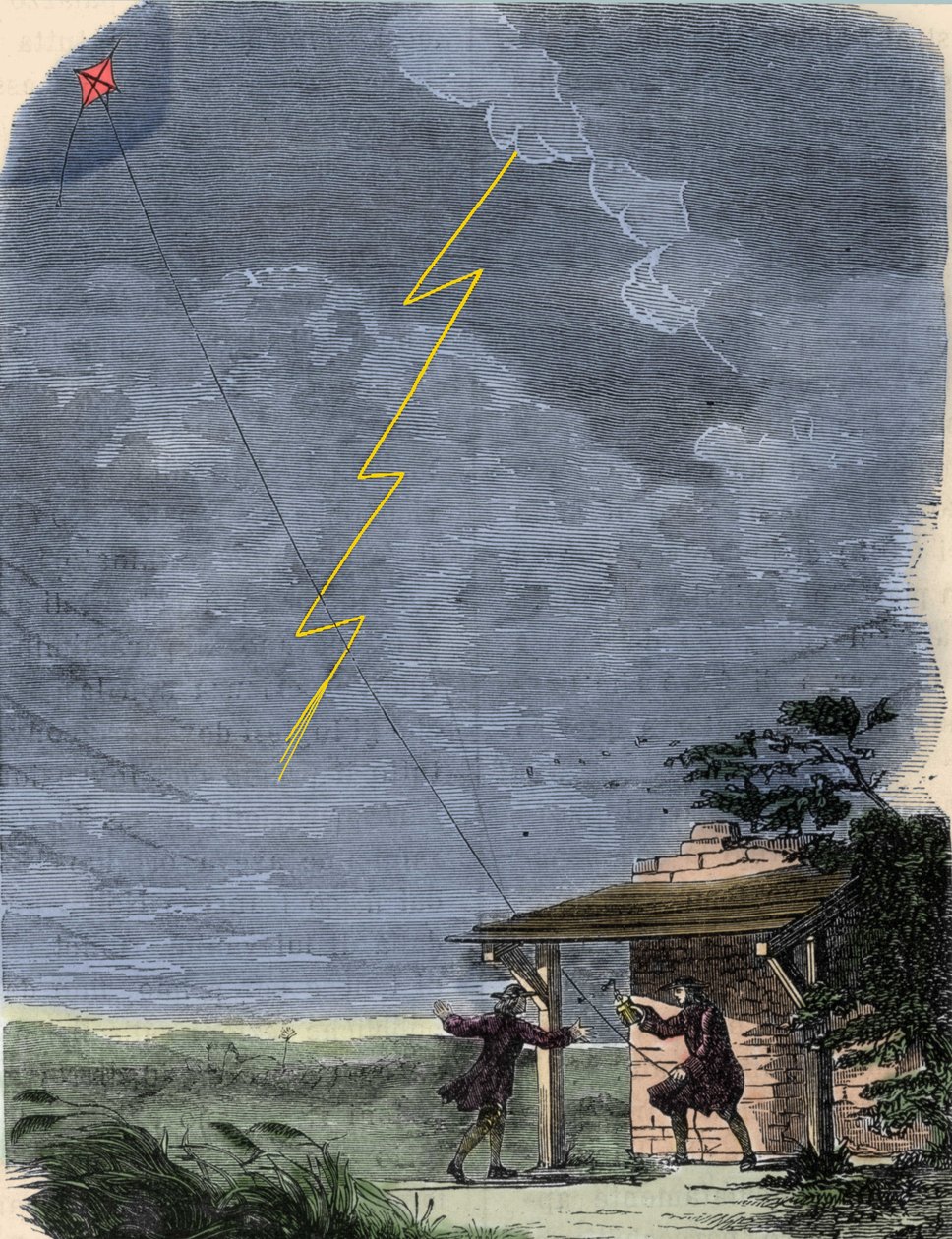 Benjamin Franklin experimenting with his lightning rod mounted on a kite. September 1752 by Unknown artist