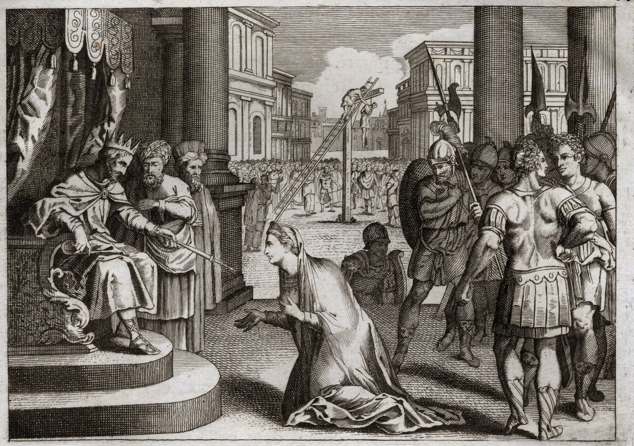 Bible of Royaumont, Old Testament: Punishment of Haman. Xerxes I hangs Haman from the gallows he had prepared for Mordecai, and retracts the Death Edict which he had published throughout his kingdom against the Jews. Illustration from 1811. by Unknown artist