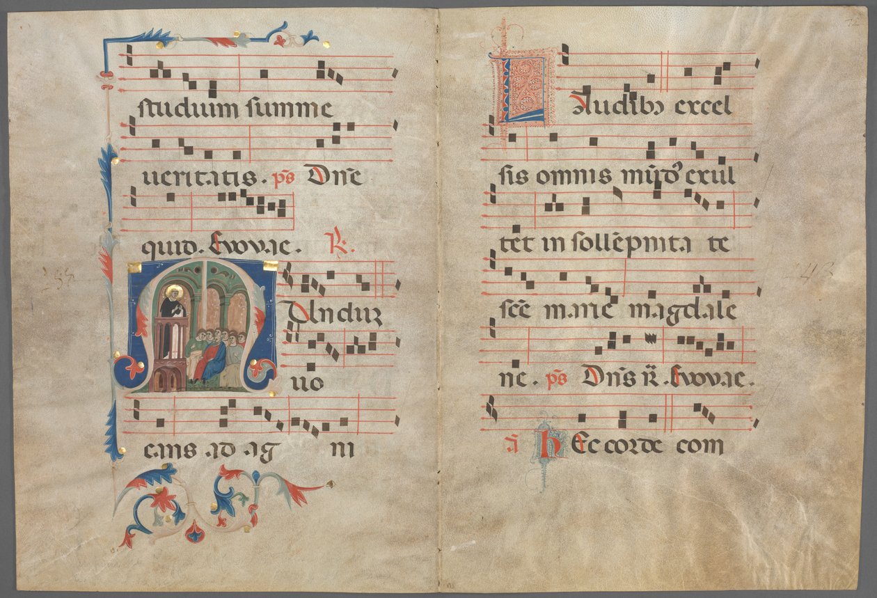 Bifolium from an Antiphonary: Initial M with Saint Dominic Preaching and Music by Unknown artist