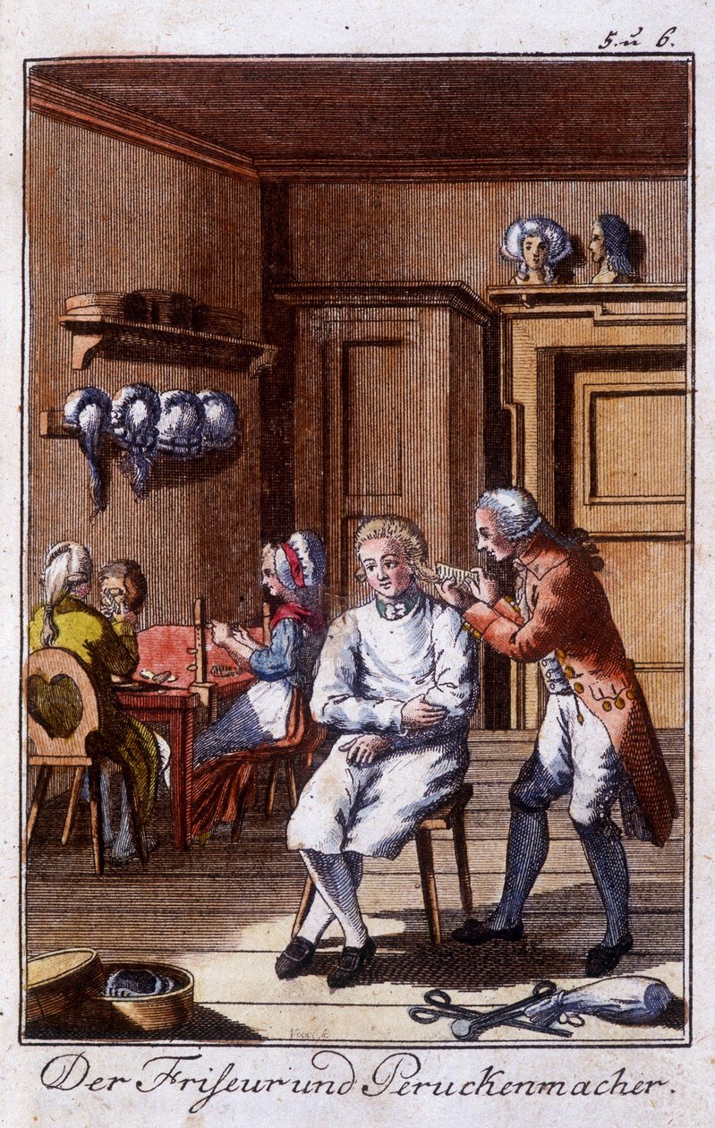 Crafts: hairdresser and wig in their workshop. In “Comprehensive description of arts and crafts and workshops for young people” by Johan Peter Vue. Ed. Nuremberg, Weigel and Schneider by Unknown artist