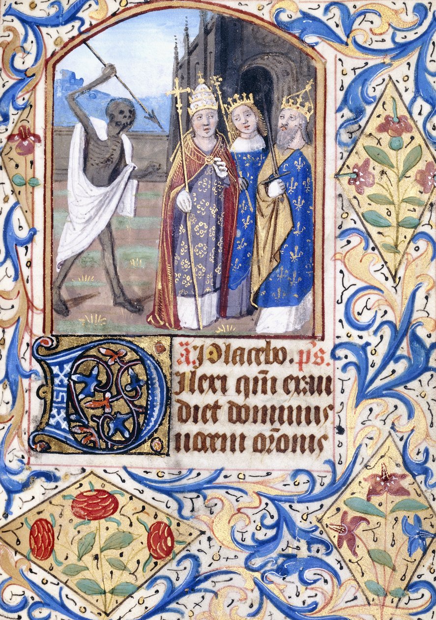 Death with his Spear Pointing at Three Figures, a Pope, a King, and a Queen, Standing in Front of a Gothic Church, c.1470 by Unknown artist