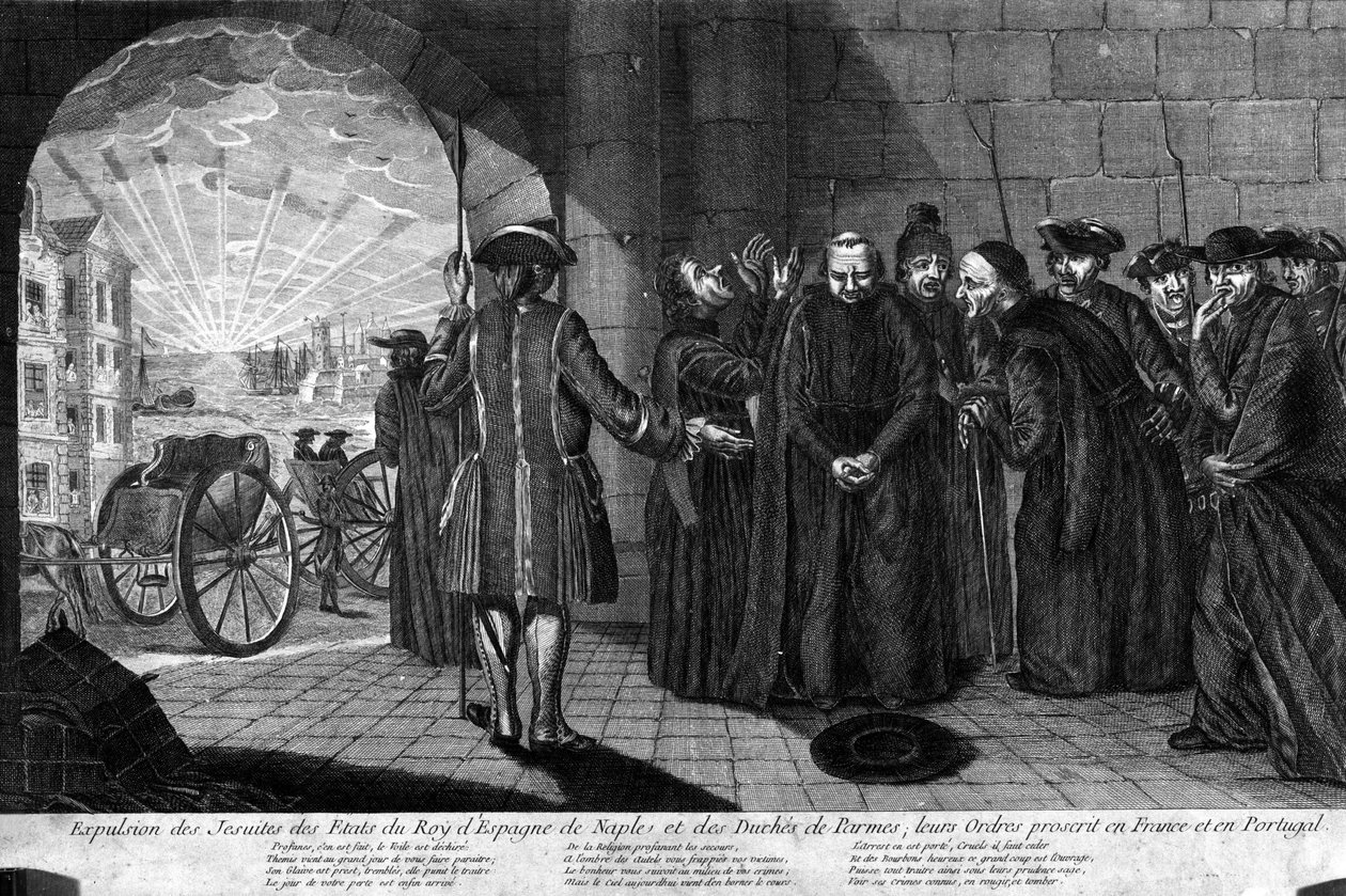 Deportation of the Jesuits on 21/07/1773: Expulsion of Jesuits from the States of the King of Spain, Naples and the Duchy of Parma, their Orders banned in France and Portugal. Engraving from the beginning of the 19th century by Unknown artist