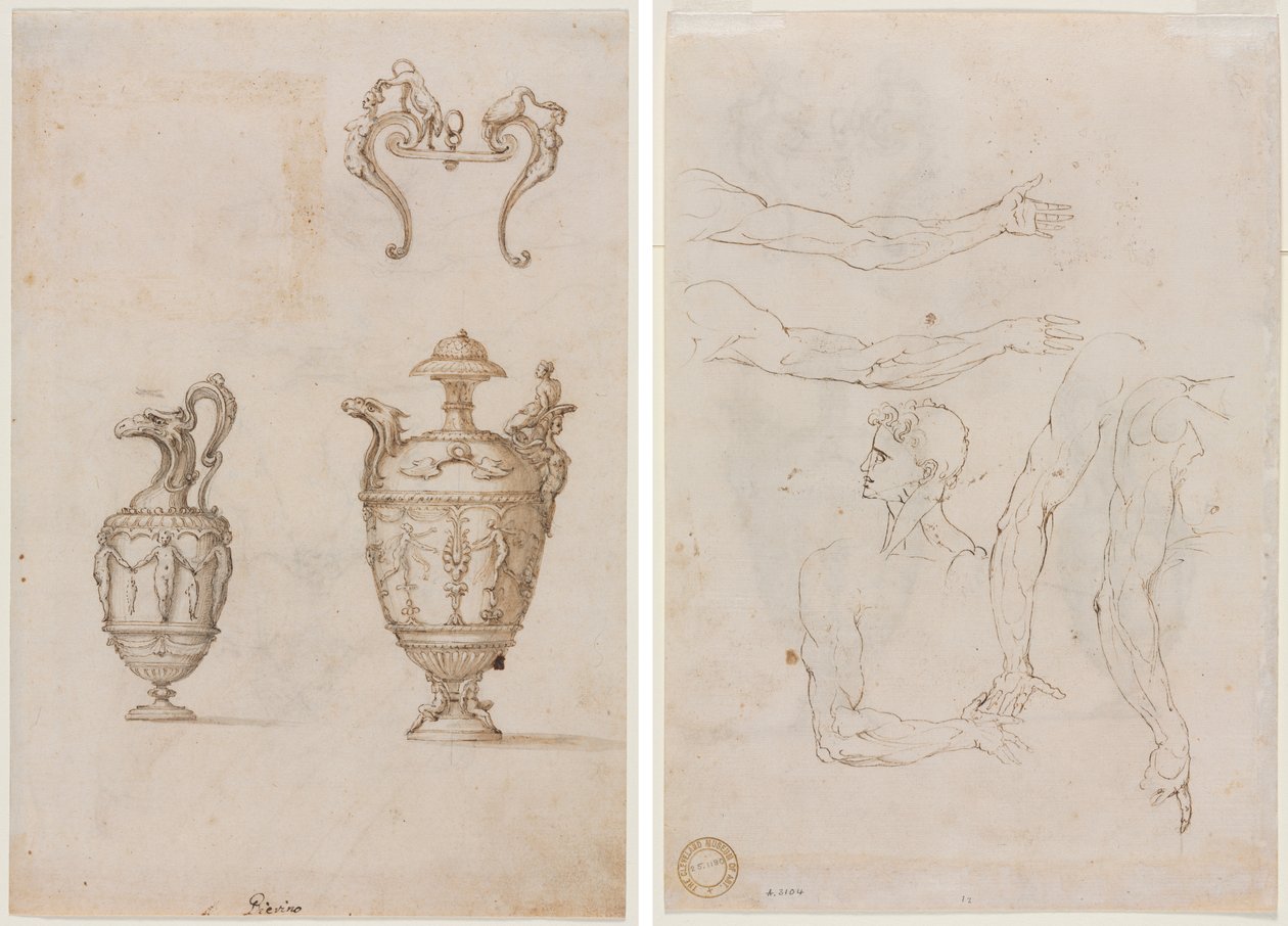 Design for Two Vases and an Ornament (recto); Sketches of Five Arms and a Head (verso) by Unknown artist