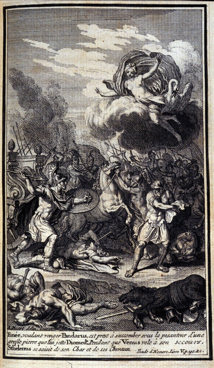 Enee, wanting to avenge Pandaros, is ready to succumb under the gravity of a big stone that Diomede throws. While Venus flies to his rescue, Sthelenos grabbed his chariot and horses. Illustration of book V of the Iliad of Homer, French edition by Unknown artist