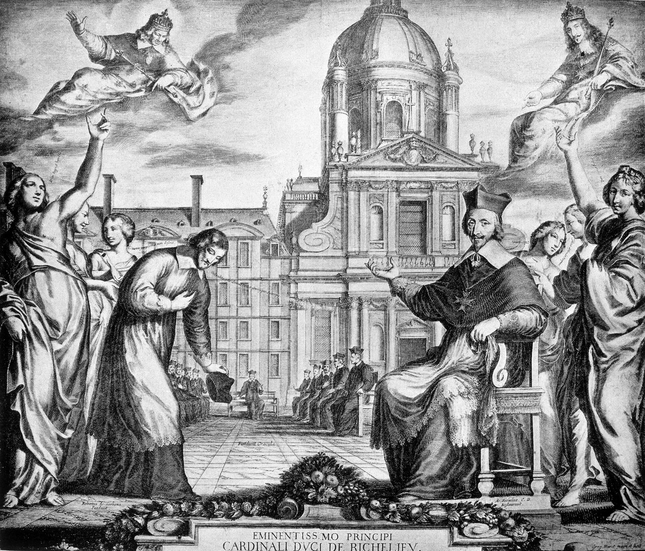 Engraving to the glory of Cardinal Richelieu for the re-establishment of the Sorbonne in Paris, commissioned to Lemercier, completed in 1642 by Unknown artist
