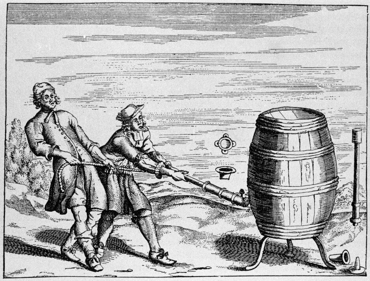 Experiment carried out by German scientist Otto von Guericke to calculate atmospheric pressure. Plate taken from 