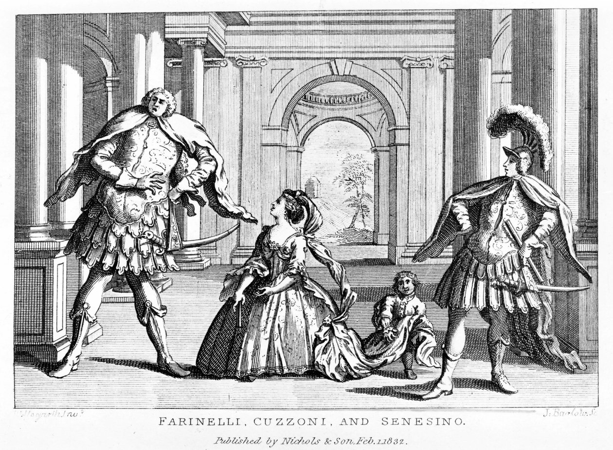 Farinelli (Carlo Broschi, 1705 - 1782) with the soprano Cuzzoni and the castrate Francesco Bernardo Senesino (1680 - 1750) in the opera by George Frederick Handel by Unknown artist