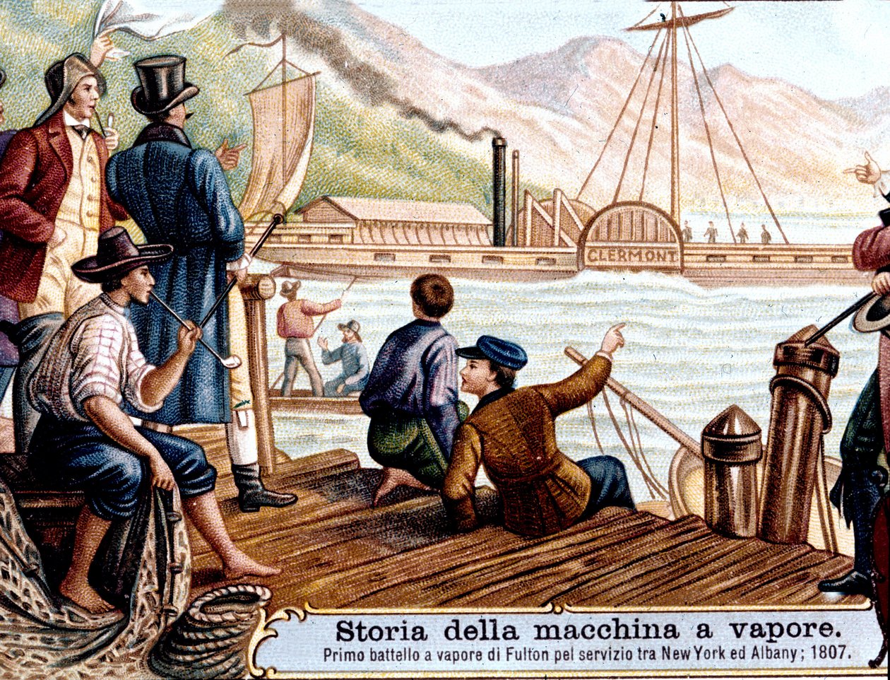 First voyage of the steamboat Clermont by Robert Fulton (1765-1815), American engineer on the Hudson River, USA by Unknown artist