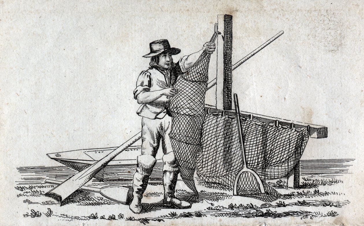 Fisherman and fishnet. Fine engraving of the 18th century. Private collection. by Unknown artist