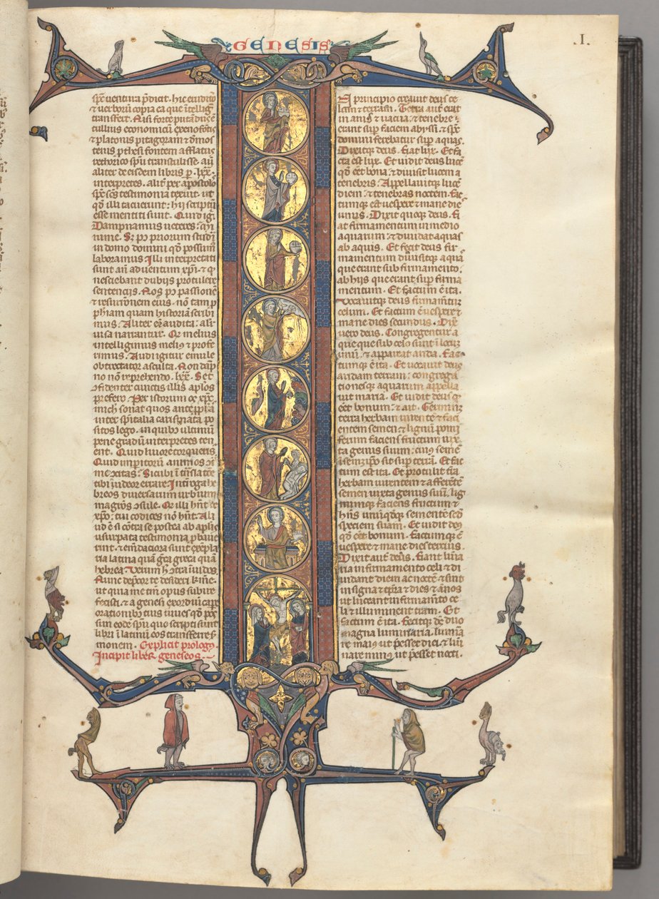 Fol. 1r, Genesis, with a full-length historiated initial I, showing the Creation and the Crucifixion, all on burnished gold grounds, with diapered pink and blue frames and cusped dragon and foliage extensions at top and bottom by Unknown artist
