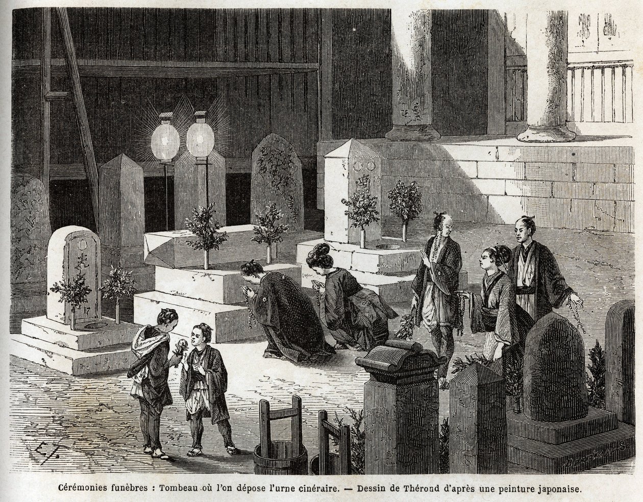 Funeral ceremonies: tomb where the cinerary urn is placed. Engraving to illustrate the voyage to Japan in 1863-1864, by Aime Humbert, minister of the Swiss Confederation, in 