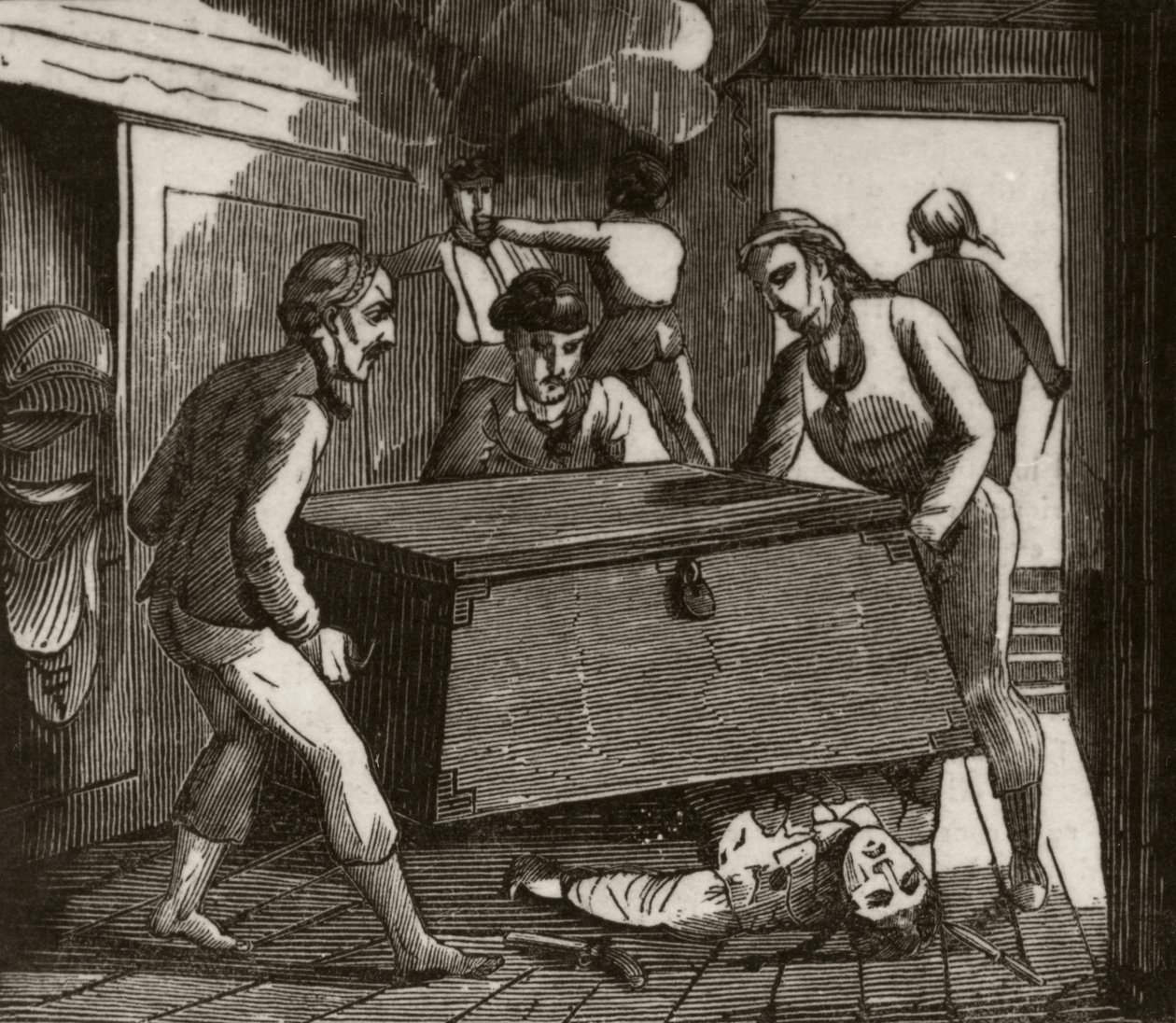 Gordon and his companions pressing the French captain to death with a large chest, c.1836 by Unknown artist