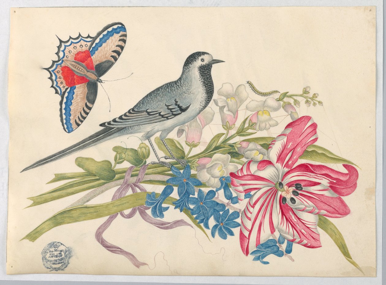 Gray Bird on Branch with Tulip, Snapdragons, and Forget-Me-Nots with Butterfly by Unknown artist