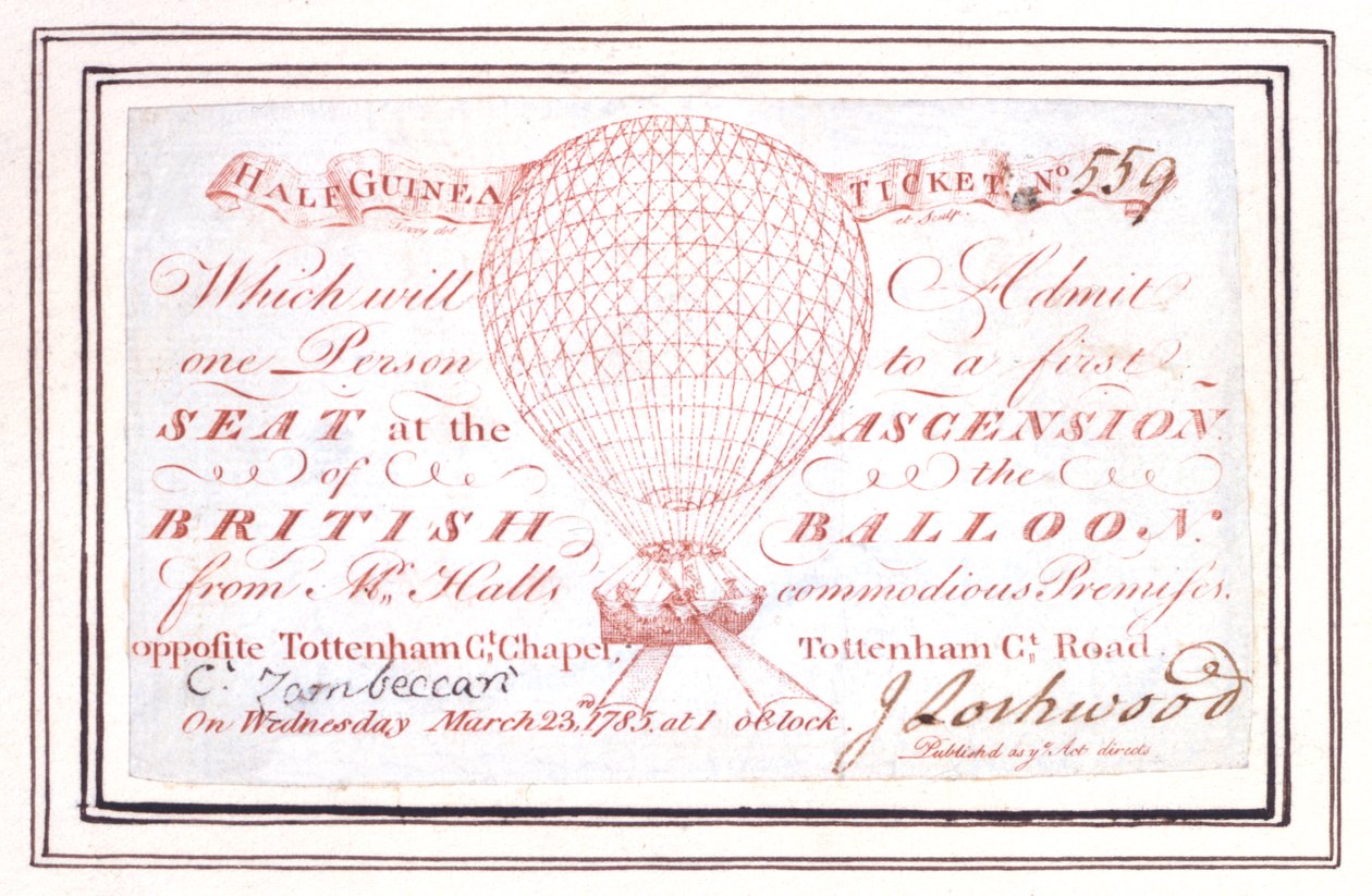 Half Guinea Ticket for Balloon Ascent at Tottenham Court Road, London, March 23 1785 by Unknown artist