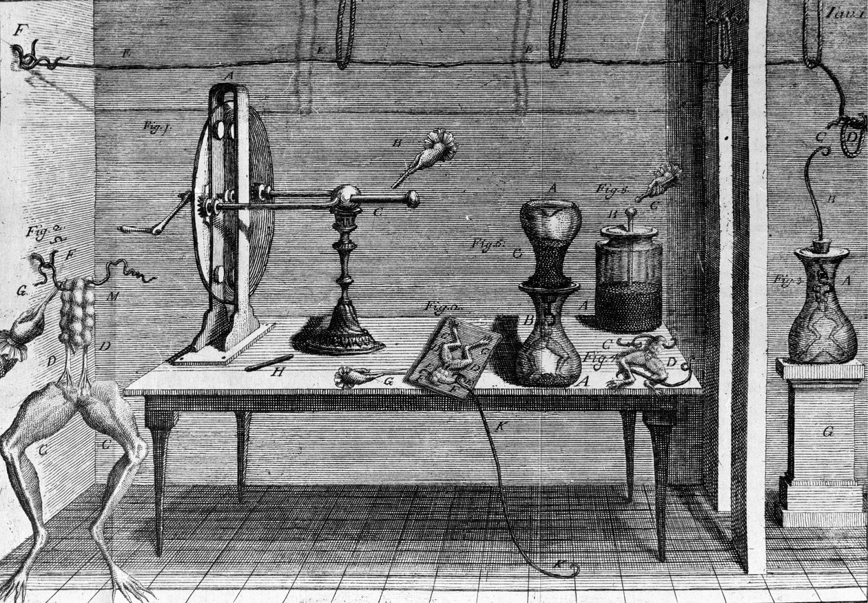 Illustration of experiments by Luigi Galvani, Italian physicist and physician (1737 - 1798) explaining the passage of electric current moving the legs of a frog. by Unknown artist