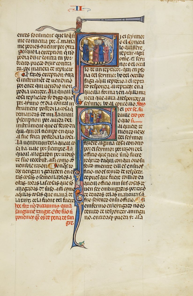 Initial S: An Attorney Standing before a Group of Men; Initial S: An Attorney with Clients before a Judge and A Judge, Attorney, and Clients at a Man