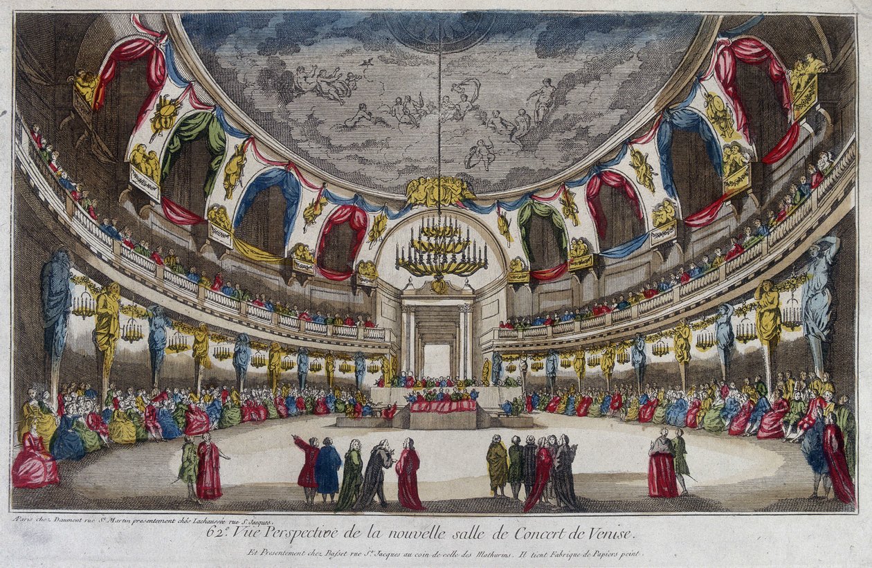 Interior of a concert hall in Venice. 18th century engraving by Unknown artist