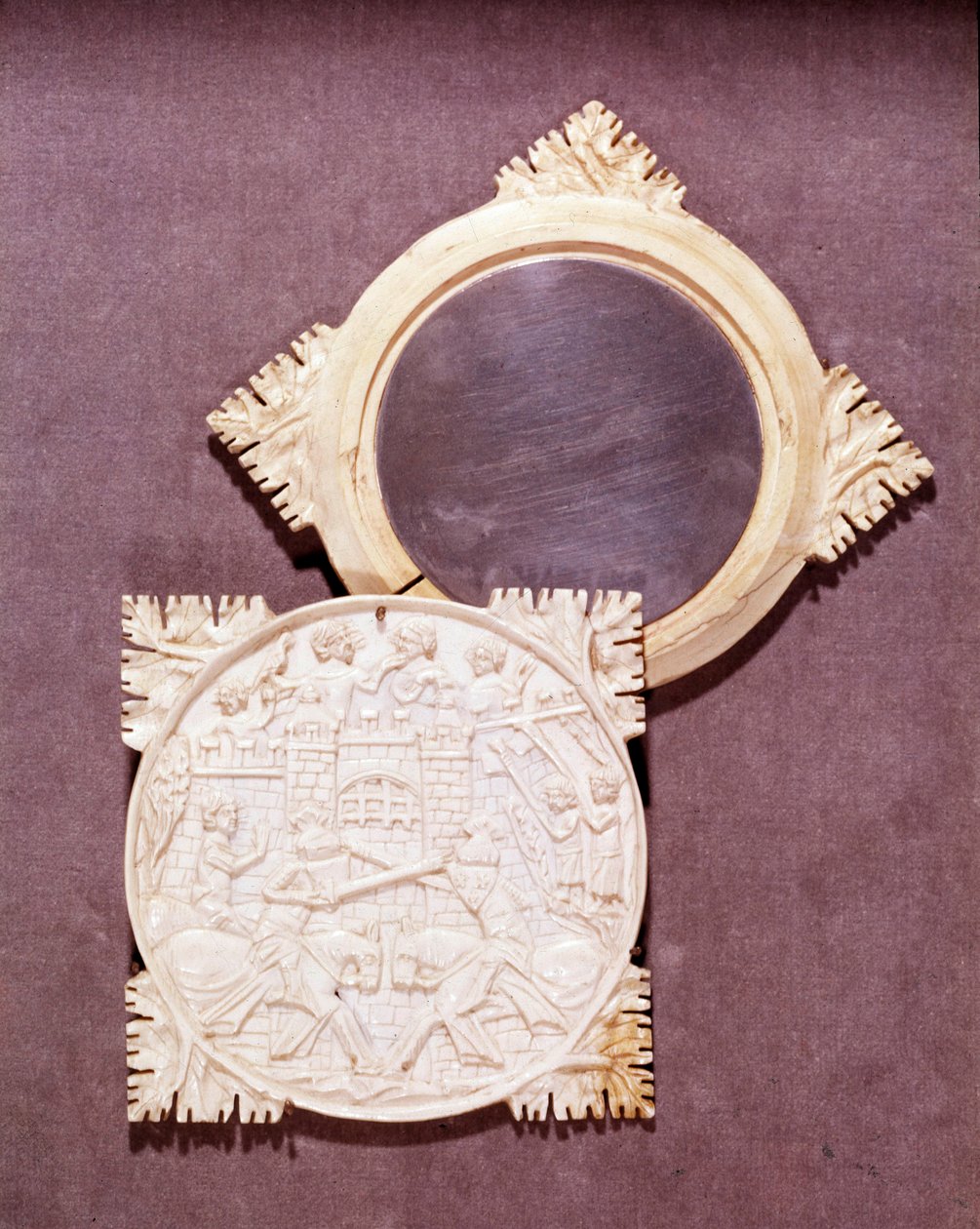 Ivory mirror and box representing a chivalry tournament scene by Unknown artist
