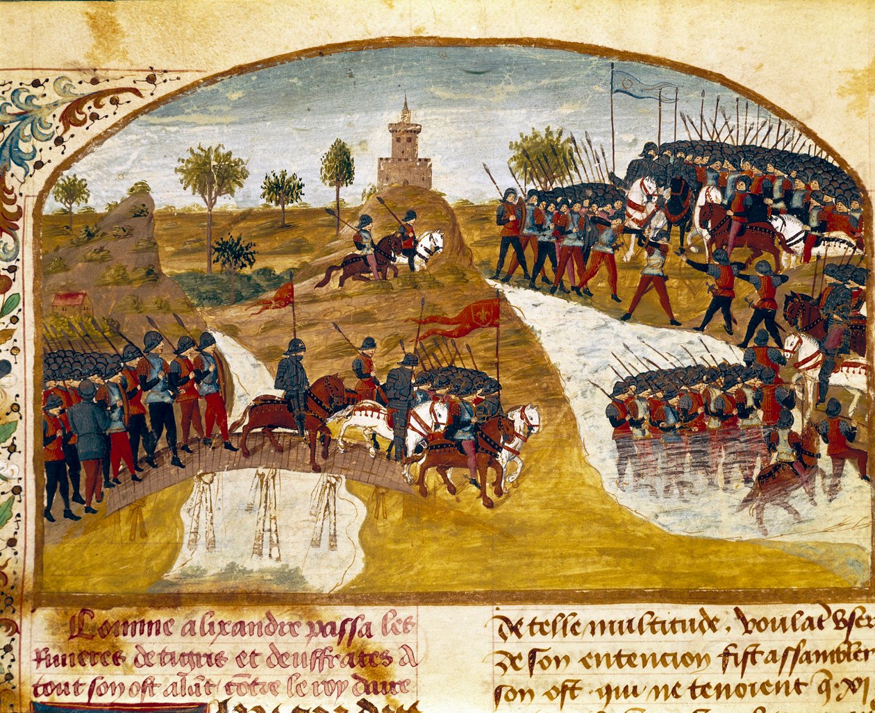 King Alexander the Great and his army pass the Tiger and the Euphrates. Miniature from 