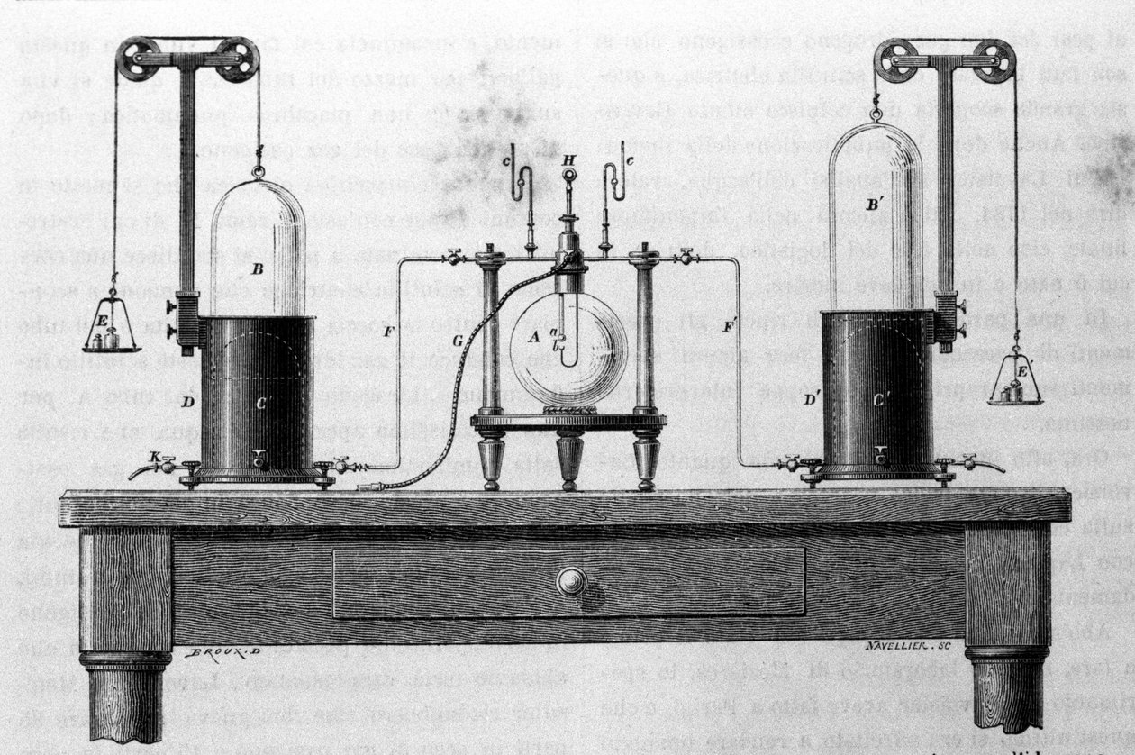 Lavoisier and Laplace Apparatus for the Formation of Water by Means of Oxygen and Hydrogen Gases Burning in a Glass Flask (19th century engraving) by Unknown artist