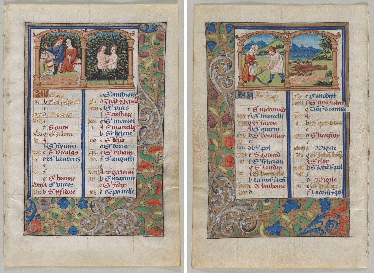 Leaf from a Book of Hours: Calendar Page for May (recto) and Calendar Page for June (verso) (2 of 3 Excised Leaves) by Unknown artist