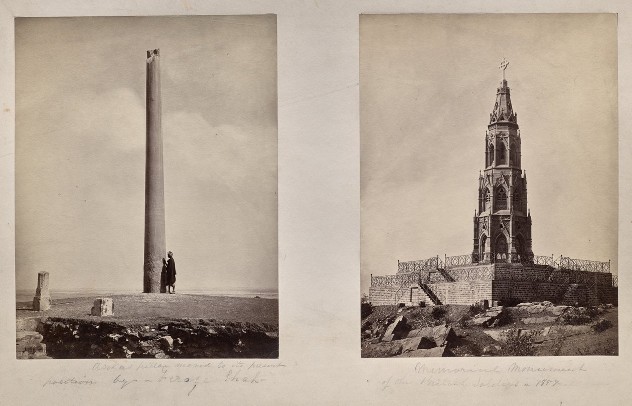 Left: Ashoka Pillar moved to its present position by Feroz Shah. Right: Memorial Monument of the British Soldiers in 1859 by Unknown artist