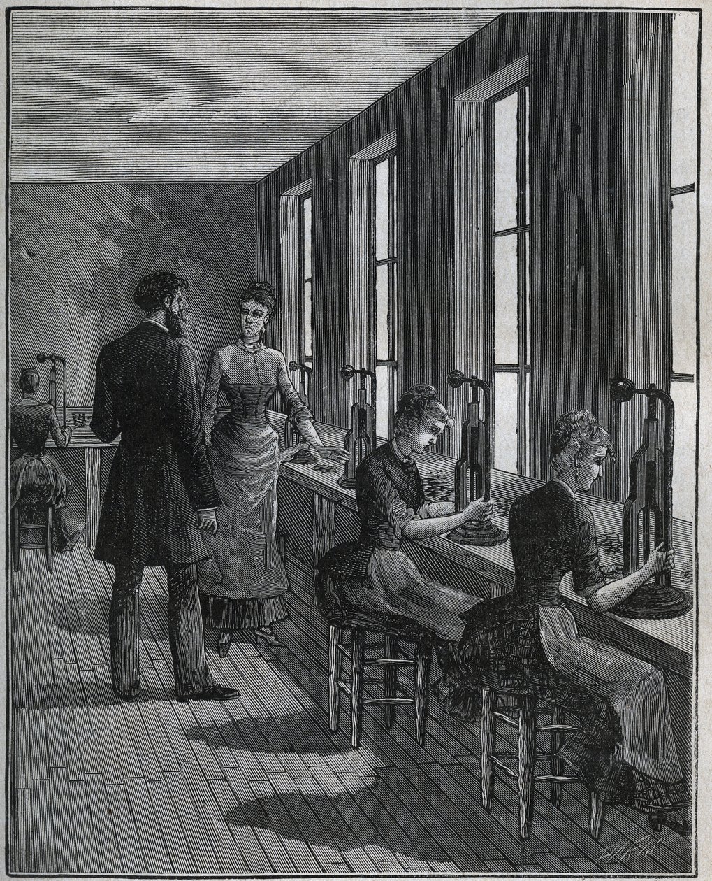 Manufacture of metal feathers: decoupage workshop in France in the 19th century. Engraving from 1885 in 