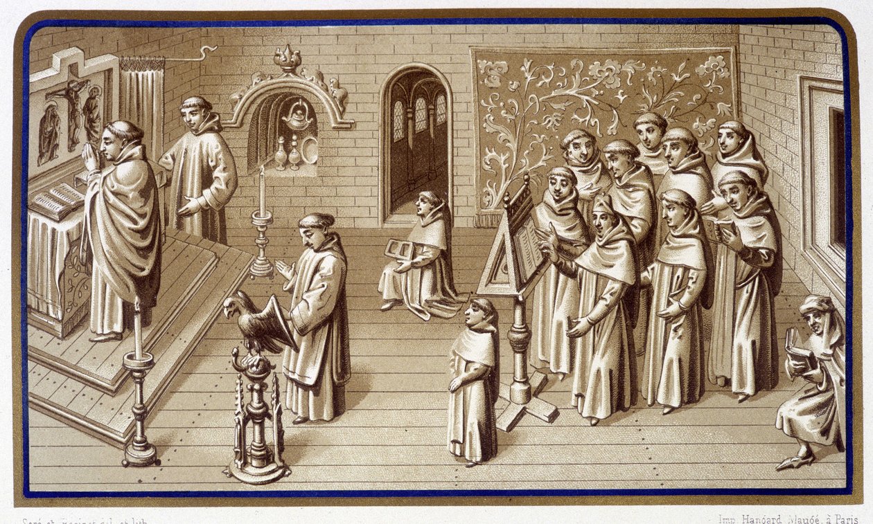 Monks in a Chapel of the Monastery: Prayer and Choir. Grisaille of the Miracles of Our Lady. Chromolithography. 19th century by Unknown artist