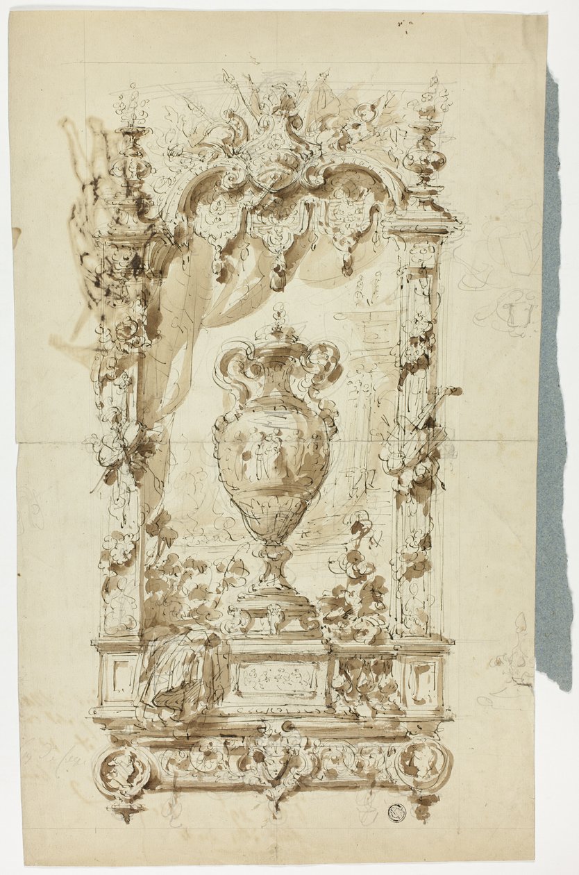 Monumental Vase in Ornamental Frame; Sketch of Standing Man with Parasol and Parrot, and Architectural Studies by Unknown artist