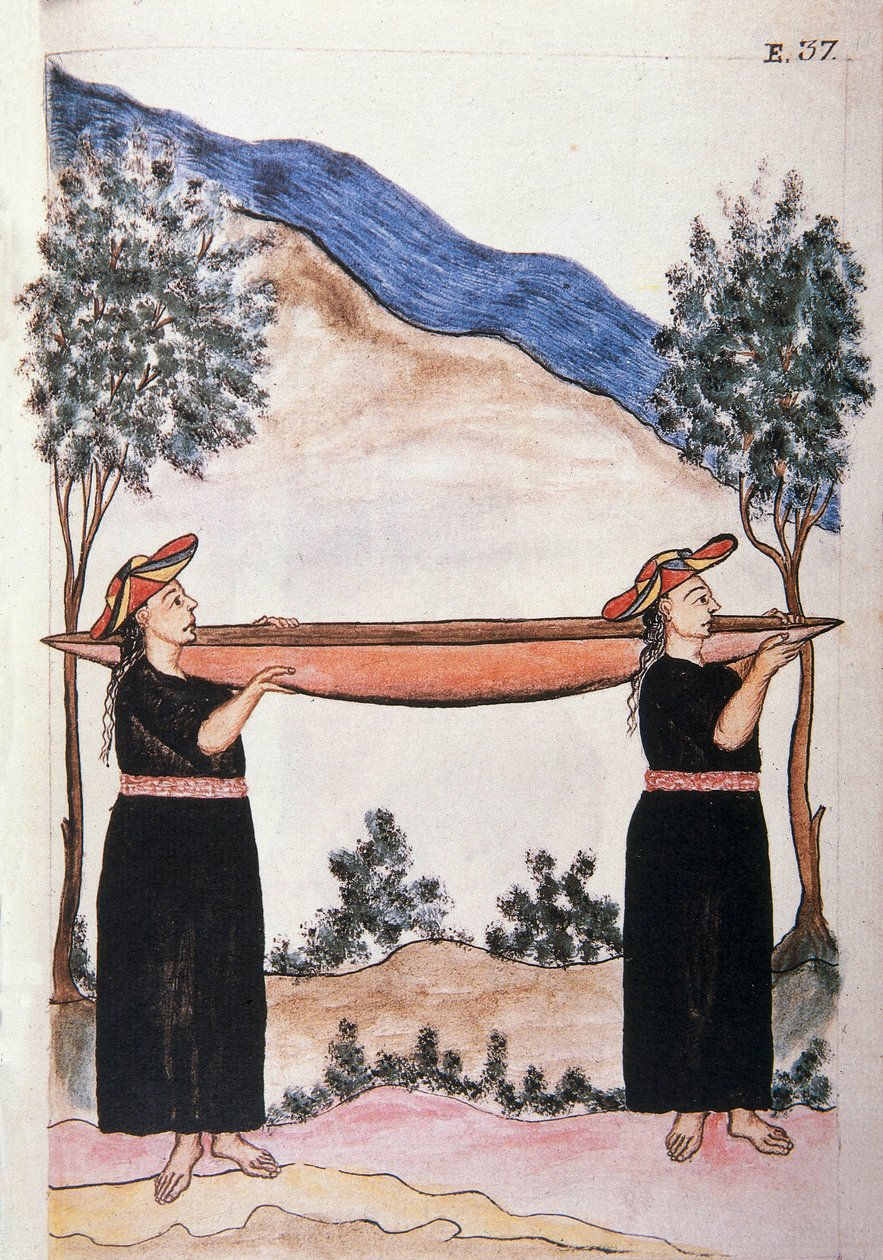 Moyobamba Indians wearing their canoe, from the book "Trujillo del Peru" or "Códice Martínez Compañón", by Baltazar Martinez Compañón y Bujanda, bishop of Trujillo (1782-1785) by Unknown artist