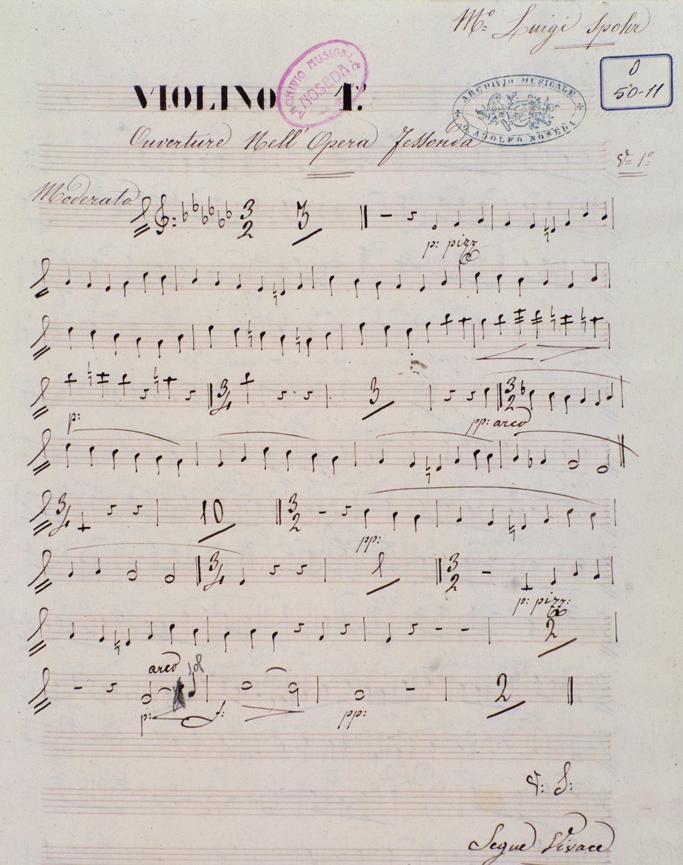 Page of musical score for the first violin in the overture of opera Jessonda by Louis Spohr by Unknown artist