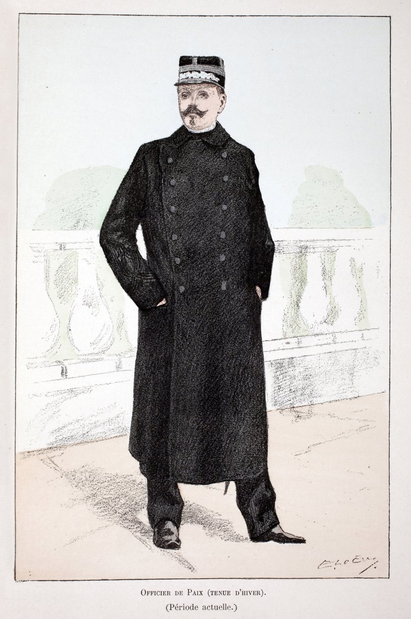 Peace officer, winter dress (Lepine period). Eau forte en couleurs, for illustration 