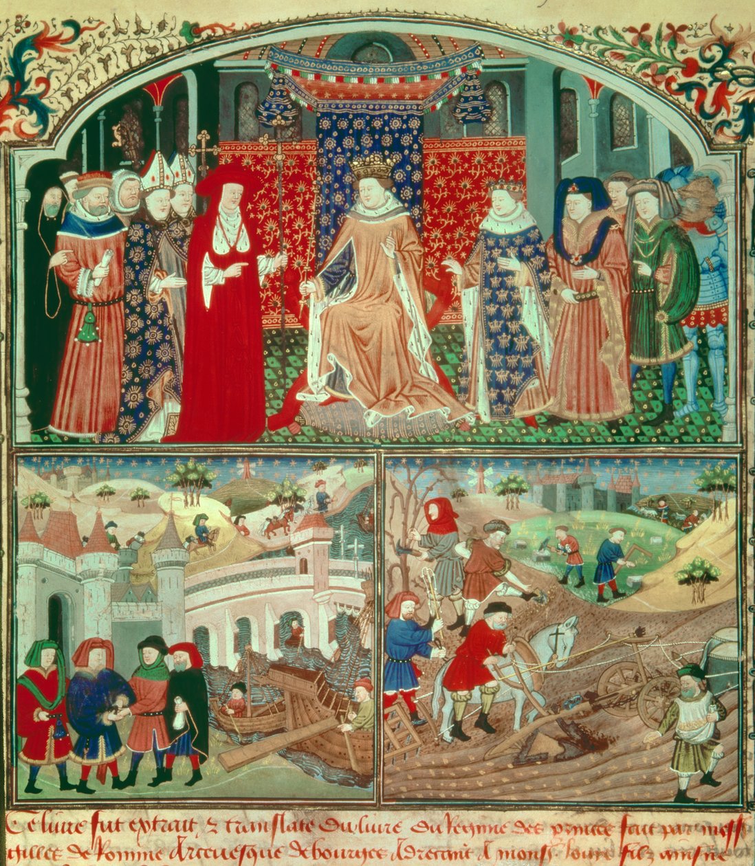 Philippe the Bel trunant (1268-1314) with plowing scene and merchant scene. Miniature in 