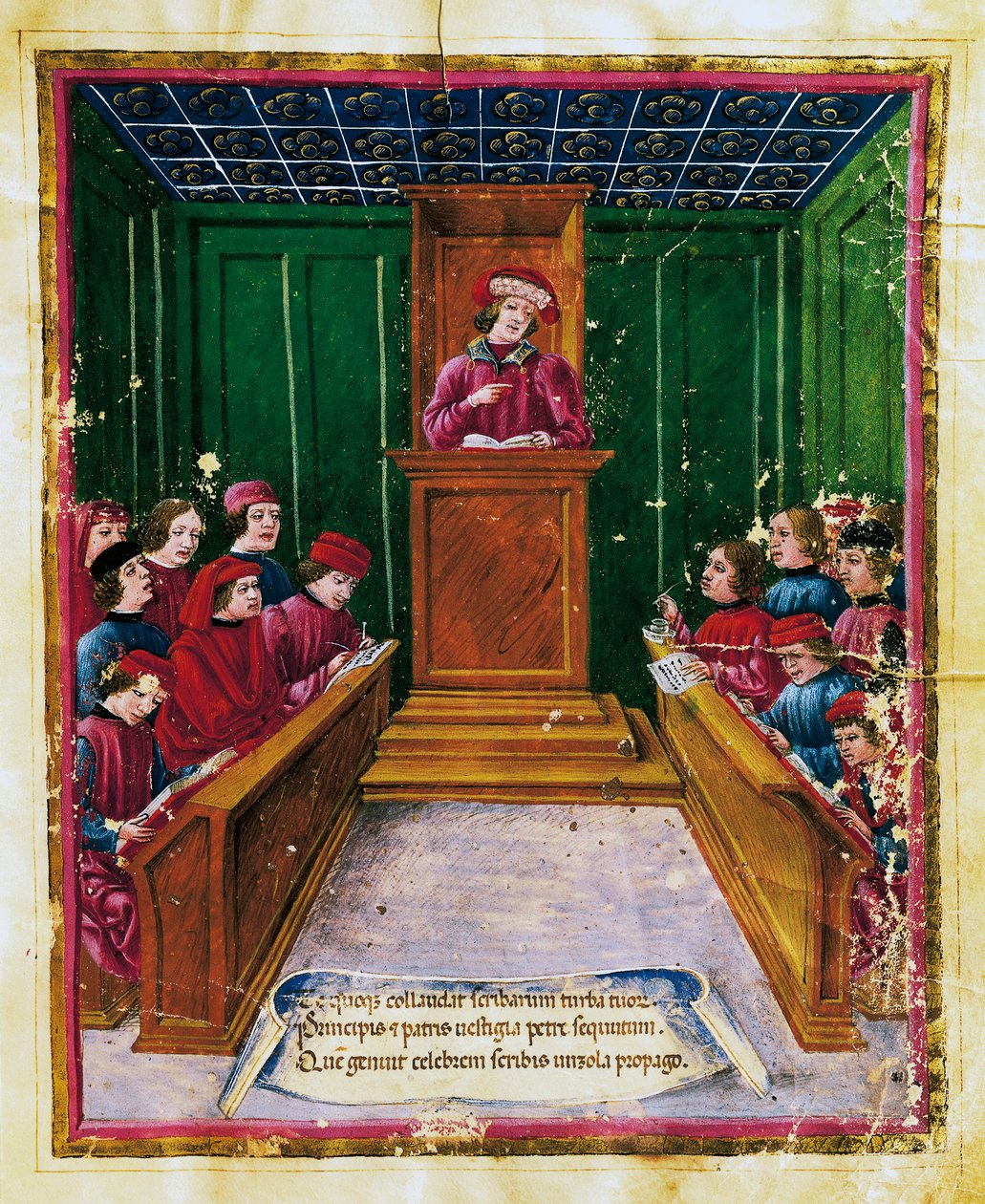 Pietro da Unzola lecturing from legal text to pupils during law lecture ...