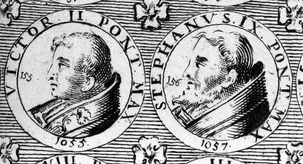 Popes Victor II (died 1057) and Stephen IX (died 1058). Engraving of ...
