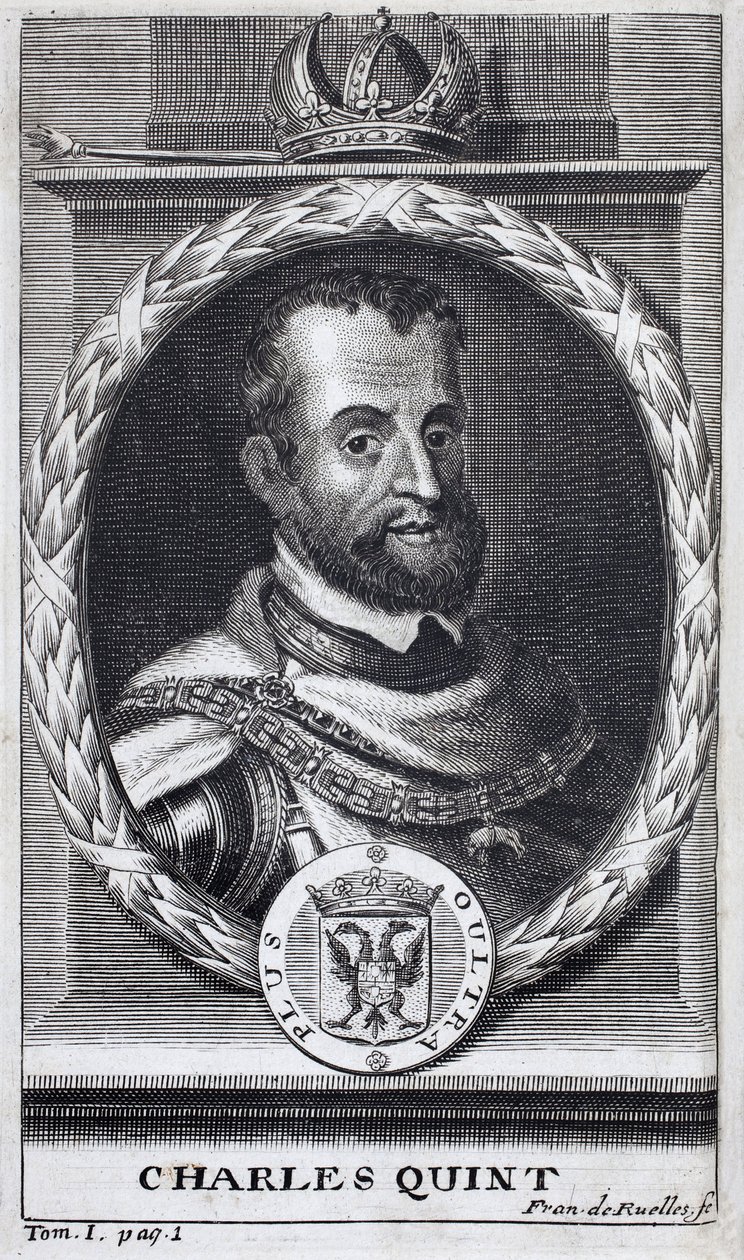 Portrait of Charles V, King of Spain and Spanish America, King of Sicily and Emperor of the Holy Roman Empire Germanic. Engraving to illustrate History of the War of Flanders, by Flamianus Strada, edition Joseph T