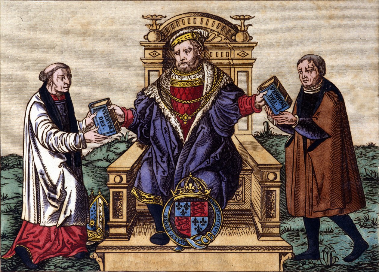 Portrait of King Henry VIII of England (1491 - 1547) on his throne, emitting the Bible to two courtiers. Coloring engraving. by Unknown artist