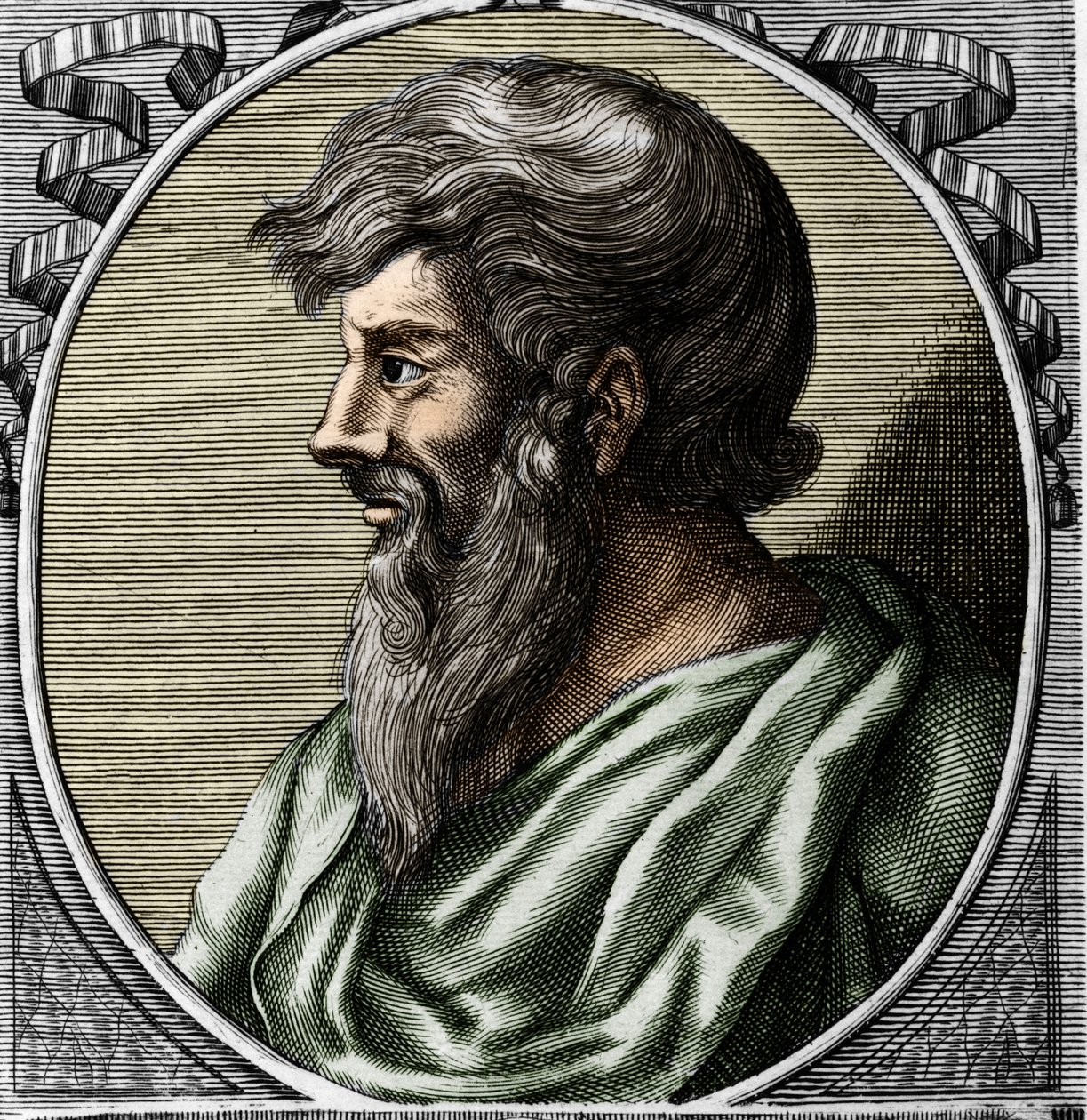 Portrait of Pythagoras (ca. 570 - around 480 BC), Greek mathematician and philosopher. Engraving of the 18th century by Unknown artist