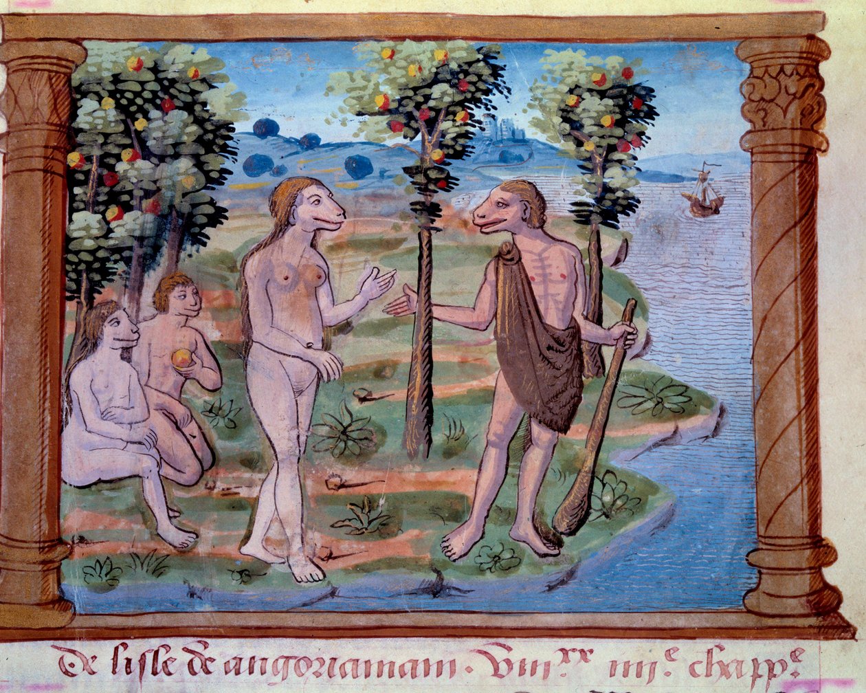 Representation of monstrous creatures with a human body and dog head. Miniature taken from 