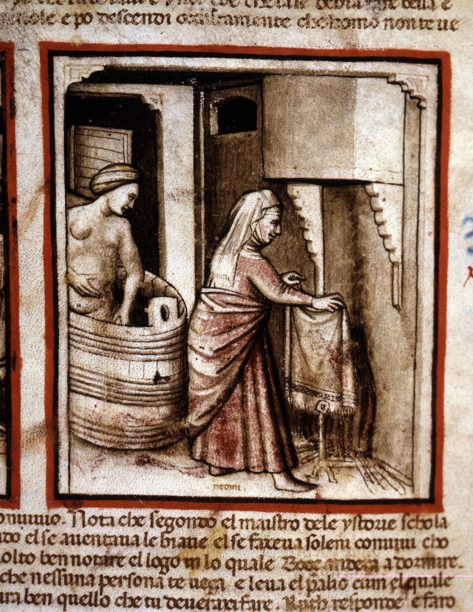 Ruth makes her toilet with the help of her mother-in-law Noemi before sleeping in the bed of her husband Boaz. Book of Ruth. Miniature from codex 212 (or padovano codice or Bible of Padua) 1390-1400 Rovigo, Accademia dei Concordi by Unknown artist