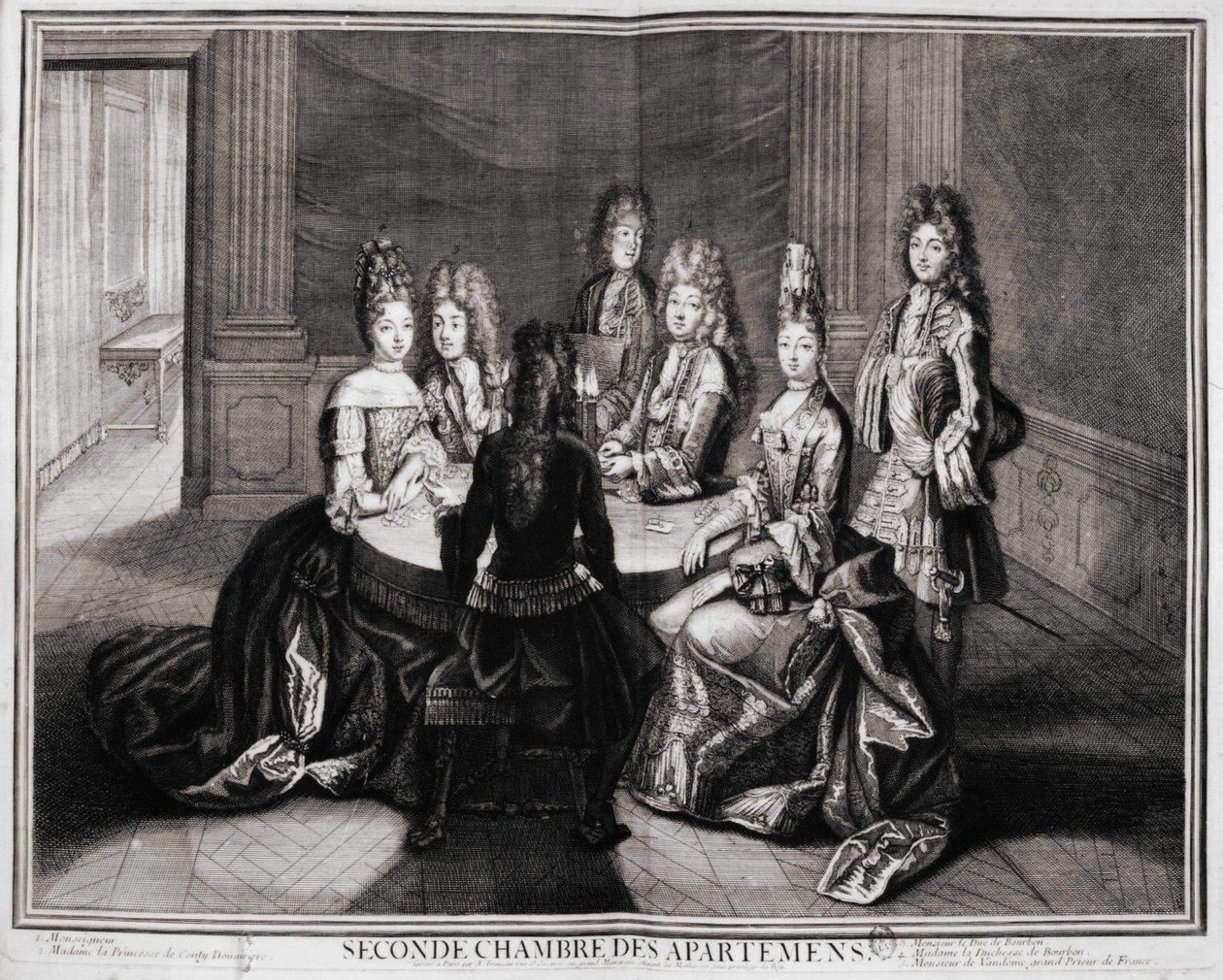 Second Room of the Apartments (Versailles): 1. Monsignor, 2. Madame Princess of Conty Dowager, 3. Monsieur le Duke de Bourbon, 4. Madame the Duchess of Bourbon, 5. Monsieur de Vandôme, Grand Prior of France by Unknown artist