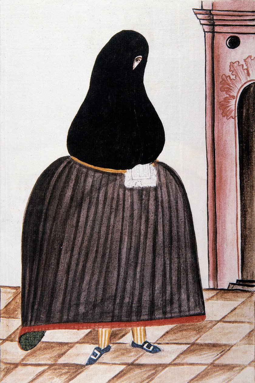 Spanish woman wearing a shale covering her face, from "Trujillo del Peru" or "Codex Martínez Compañón", by Baltazar Martinez Compañón y Bujanda, bishop of Trujillo (1782-1785) by Unknown artist