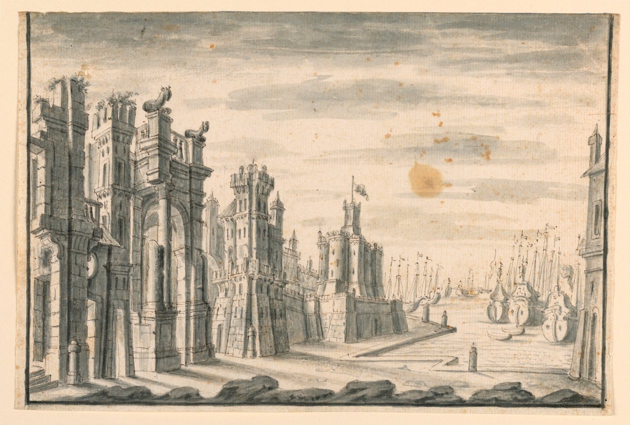 Stage Design, View of Town and Port by Unknown artist
