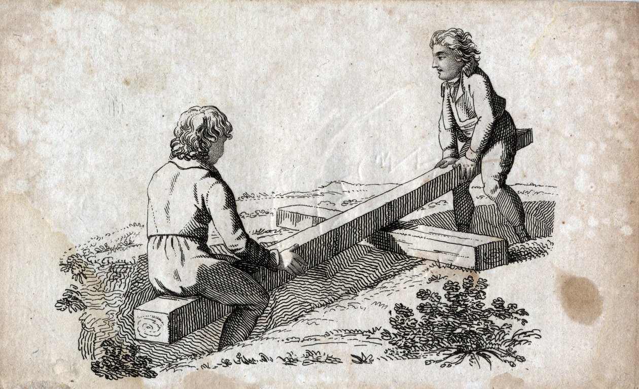 Swing: two children on a butt tape. Engraving late 18th century. Private collection. by Unknown artist