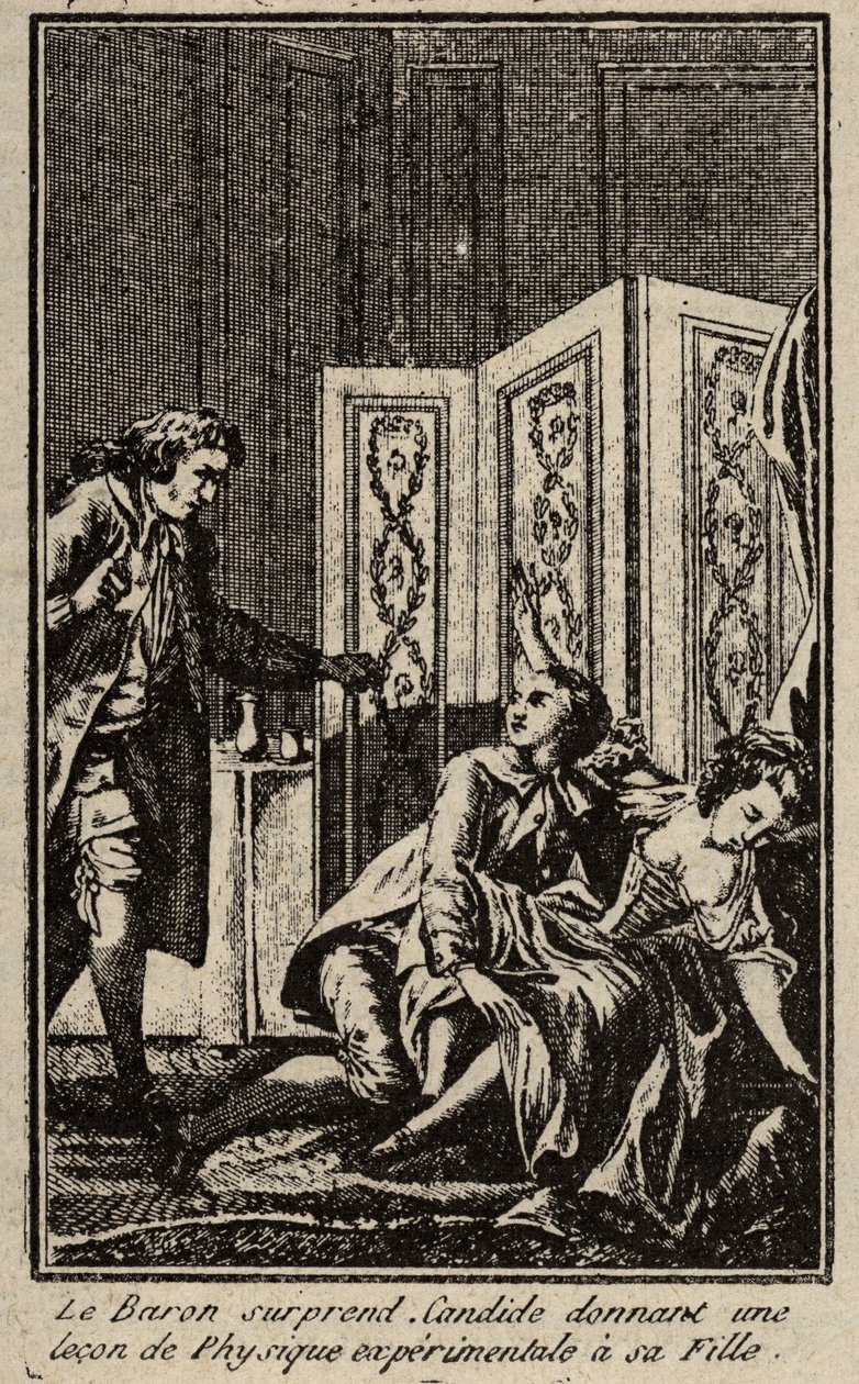 The baron surprises Candide giving a lesson in experimental physics to his daughter. Frontispiece for 