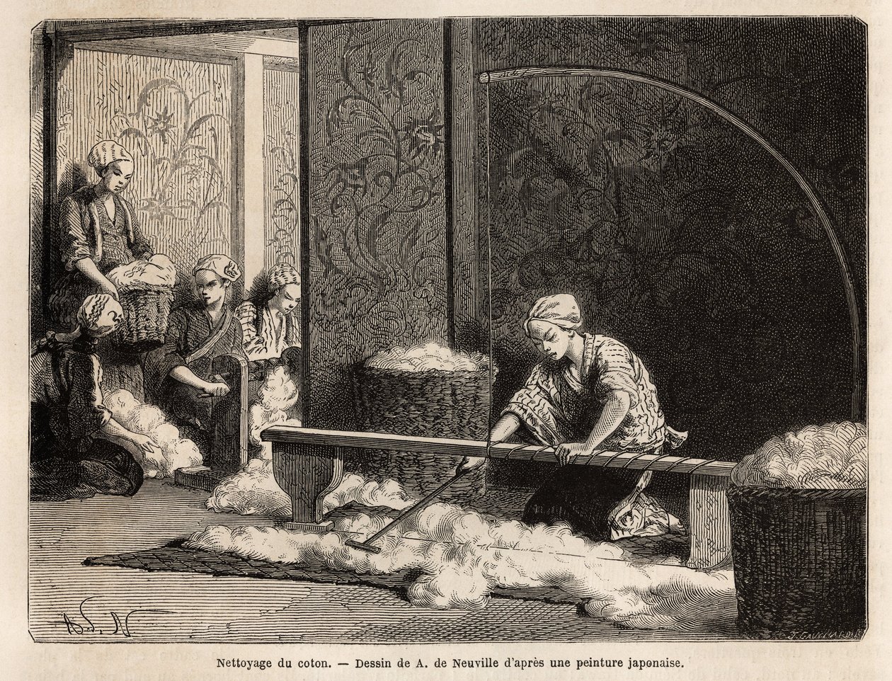 The Cleaning of Cotton in a Workshop in Yedo (Tokyo). Engraving to Illustrate Japan by Unknown artist