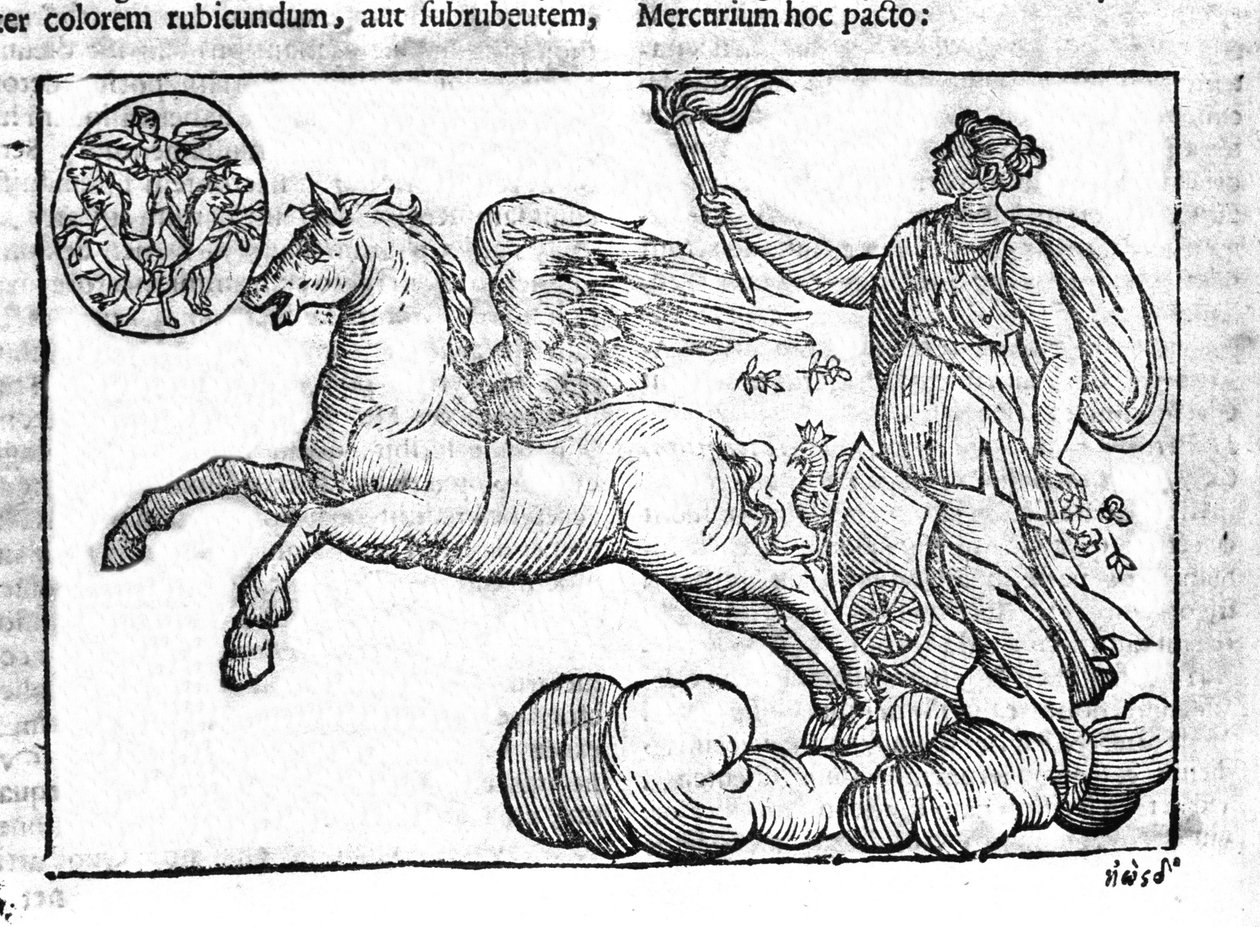 The dawn (the chariot of the sun). Allegory of the sunrise with the characters of Greek and Roman mythology in the sky. Engraving from Mythologiae sive explicationes fabularum by Natalis Comitis. 1637 by Unknown artist