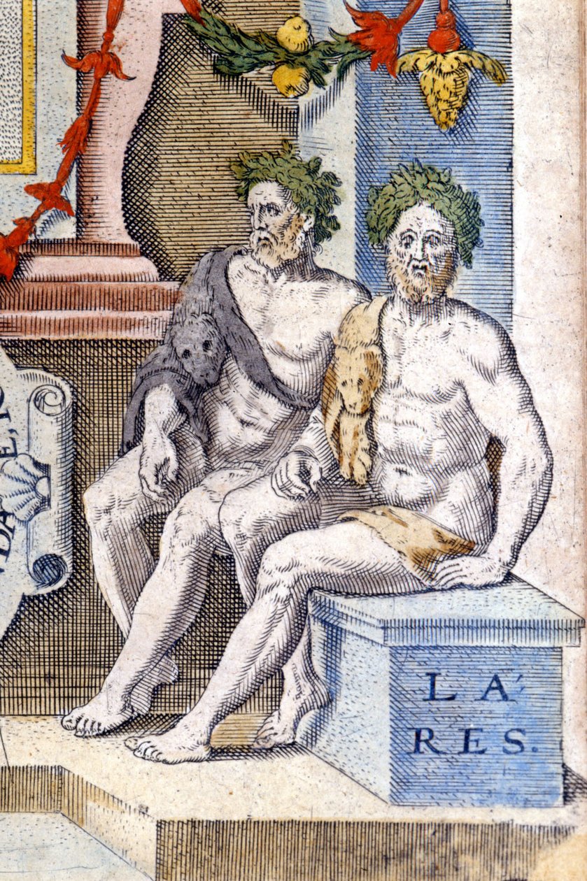 The lares gods: they protect the house and its inhabitants (they are the spirits of the ancestors) (engraving of the 16th century) by Unknown artist