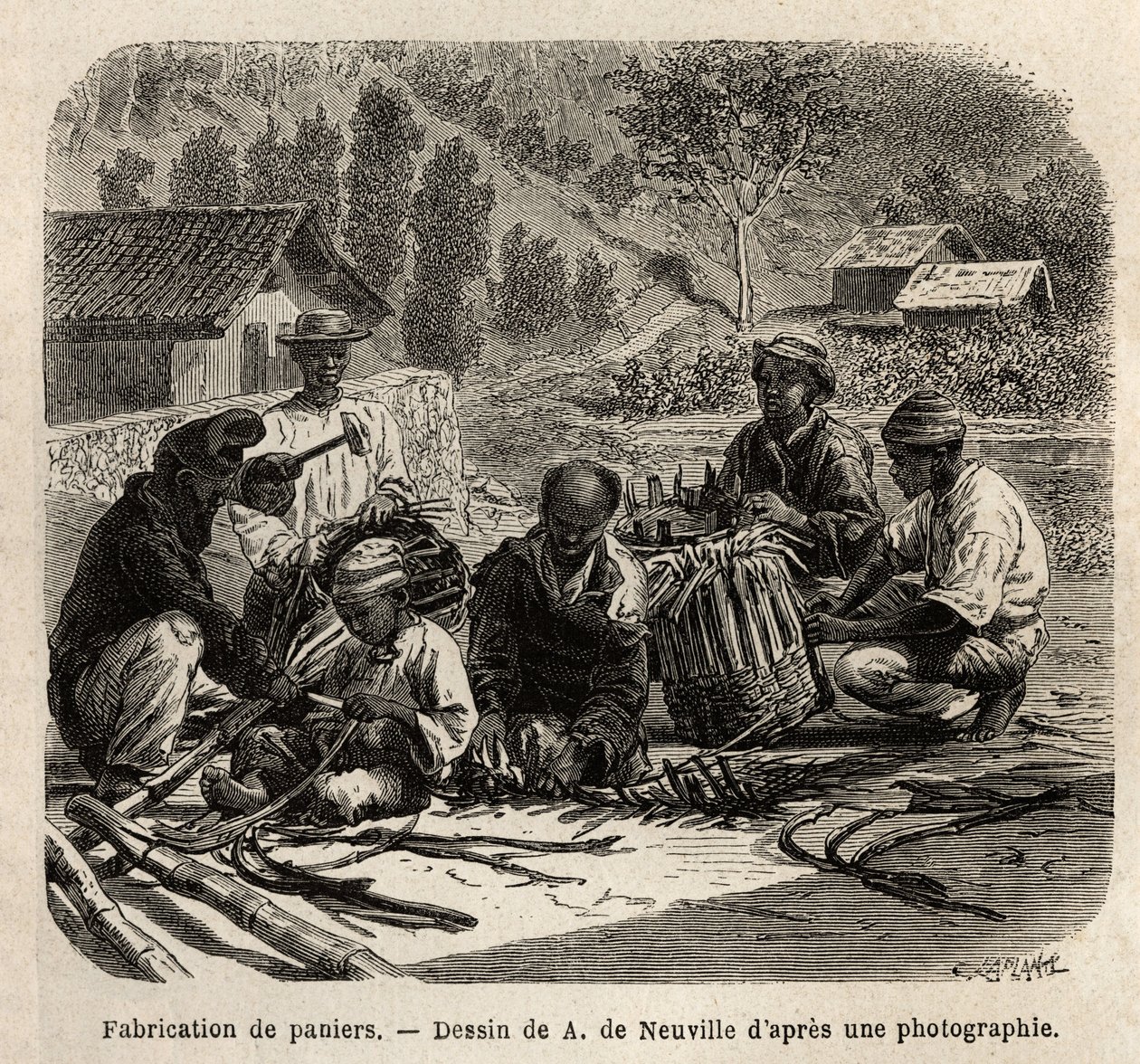 The manufacture of palm leaf baskets, for the collection of coffee. Engraving to illustrate the voyage to Brazil, story by M. and Mme Agassiz, in 1865-1866, published in 