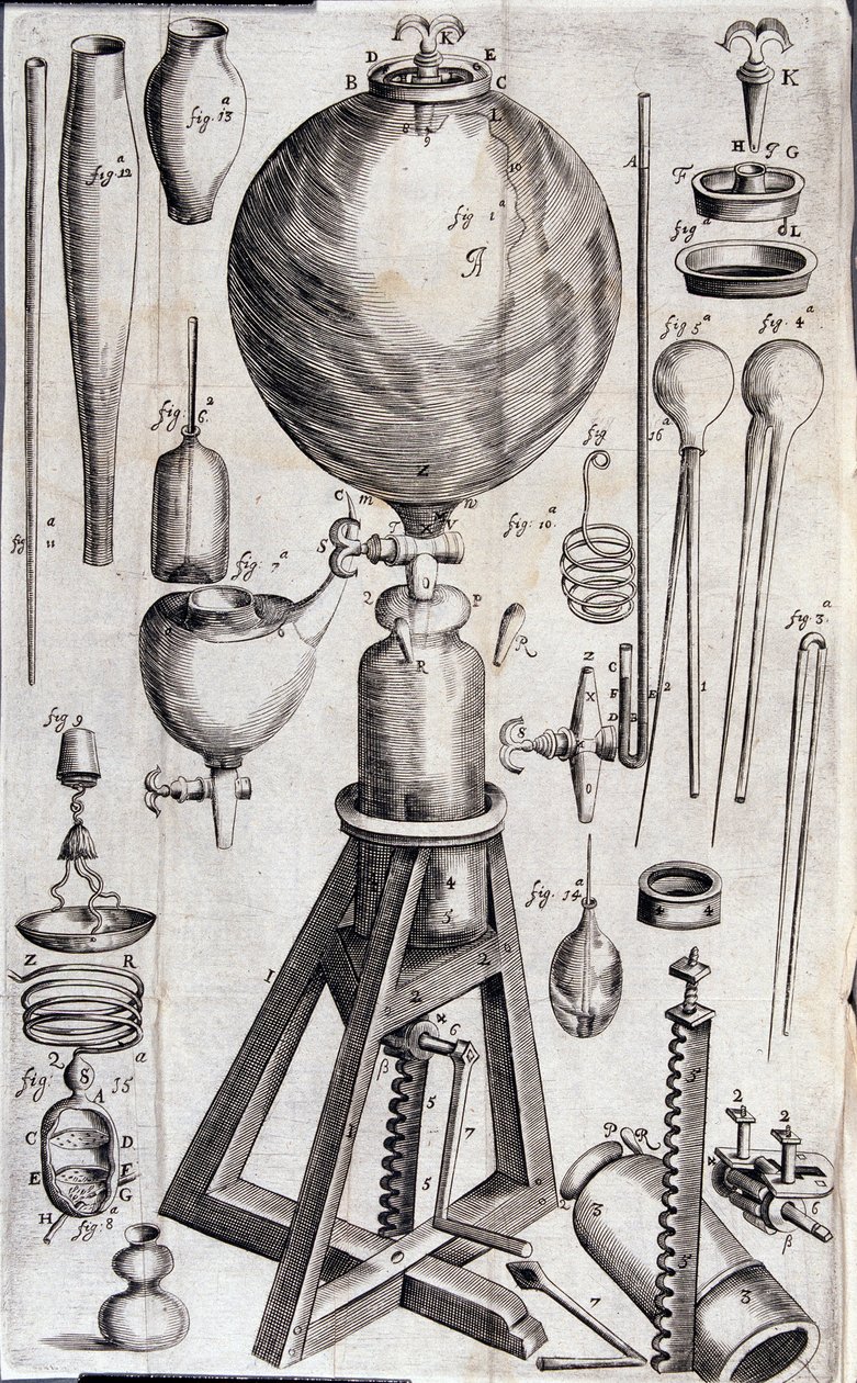 Tools for scientific experiments - in Nova experimenta physico-mechanica de vi aeris elastica, et ejusdem effectibus, facta maximam partem in nova machina pneumatica by Robert Boyle by Unknown artist